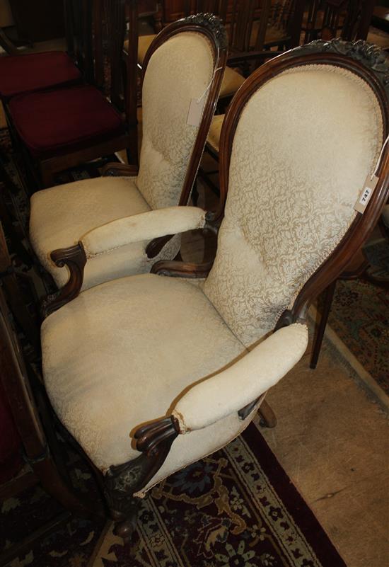 Pair carved mahogany grandfather & grandmother chairs, with balloon backs, cabriole legs & cream upholstery